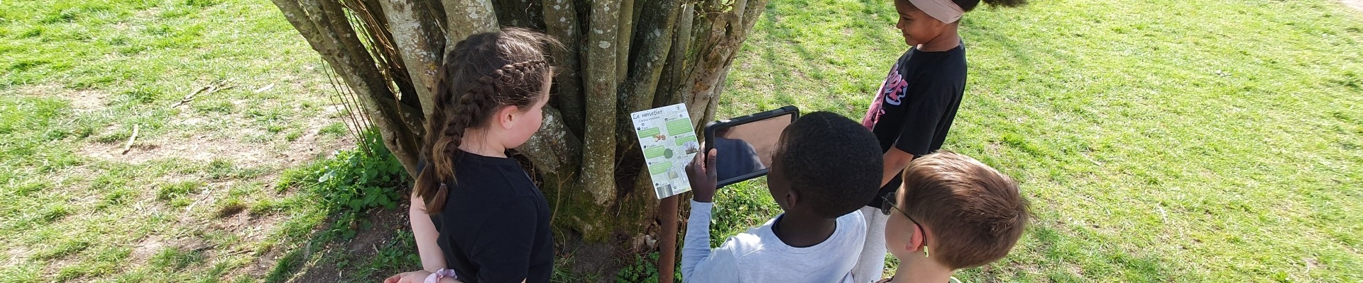 Des enfants qui utilise l'arboretum connecté au Manoir d’Argueil