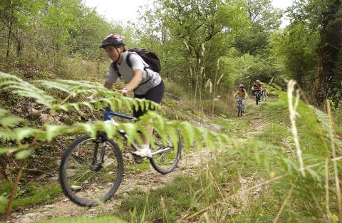 animateurs et enfants en VTT sur les chemins de Lathus